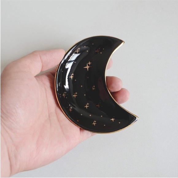 Astrology Star Black Gold Moon Jewelry Trinket Ring Dish Ceramic Glass Holder - Picture 5 of 8